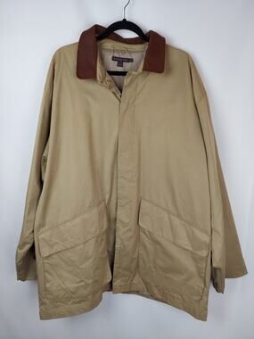 Mckenzie Tribe Men's Tan Trench Coat With Brown Leather Collar Trim Sz XL